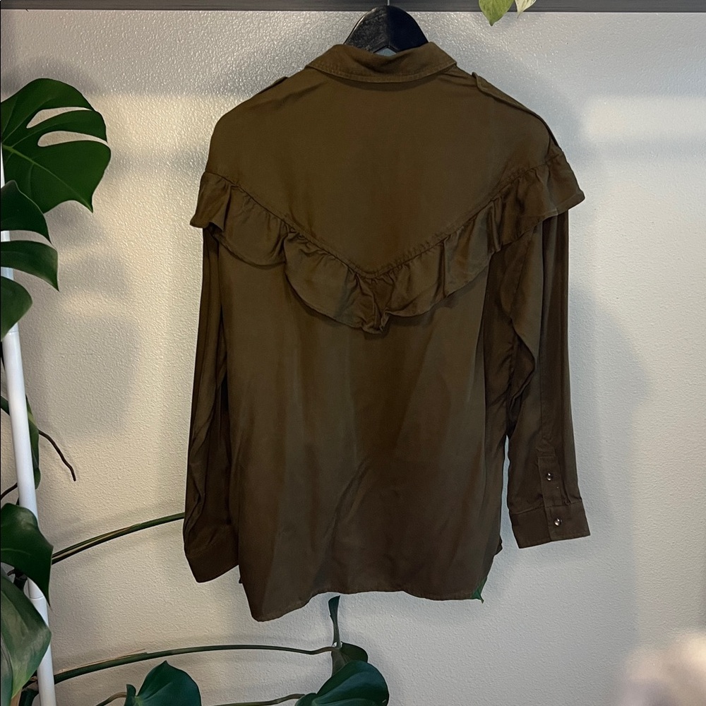 Zara TRF (Trafaluc) Outerwear | Olive Green Ruffled Button-Up | Sz Large - Picture 2 of 6